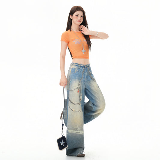 Women's Chain Print Denim Pants - Casual Hip-hop Style Loose Wide Leg Tapered Fit
