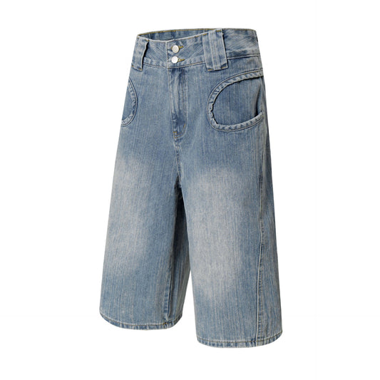 Street Style Washed Vintage Denim Shorts with Unique Pocket Design