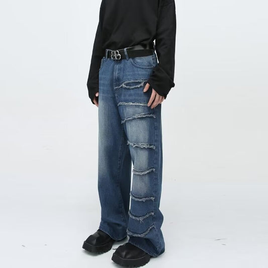 American Retro Style Patchwork Jeans - Unisex Wide Leg Pants