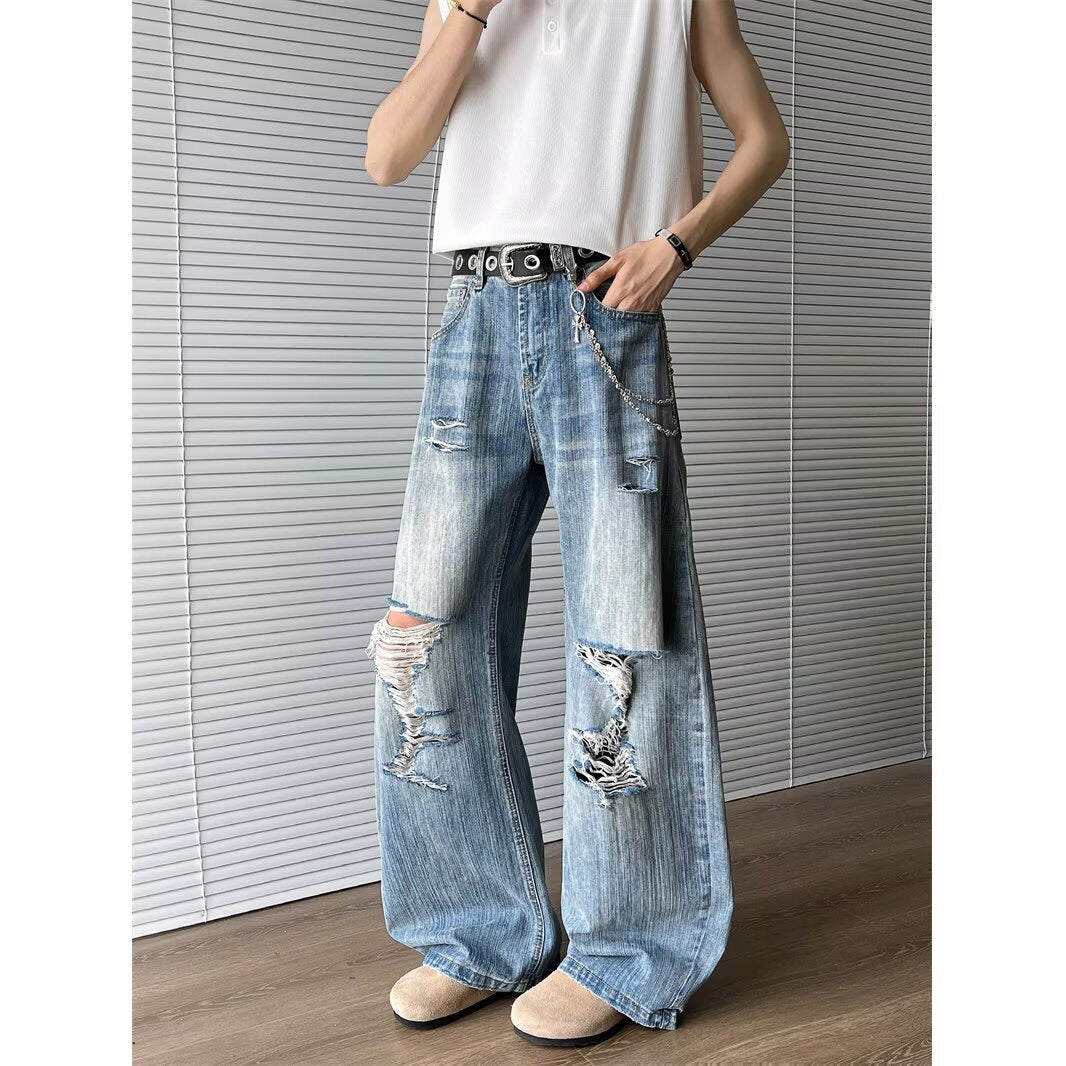 Retro Straight Tube Loose Fit Distressed Bamboo Texture Wide Leg Pants