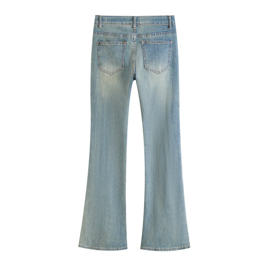 Low Waist Button Slim Fit Flared Jeans - Nostalgic Blue