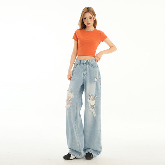 Light Wash Distressed Denim Pants for Women with Lace Splicing - Loose Fit Style, Straight Leg, Wide Leg Trousers