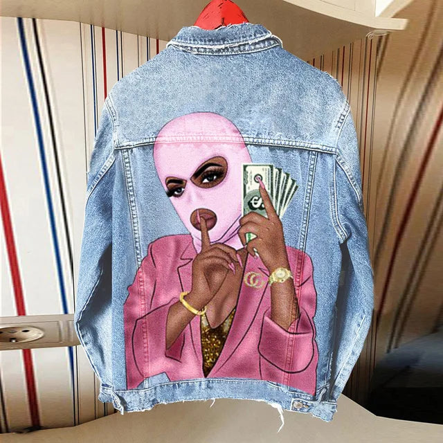 Women's Autumn Hot Selling Street Style Denim Jacket with Tongue Out Print