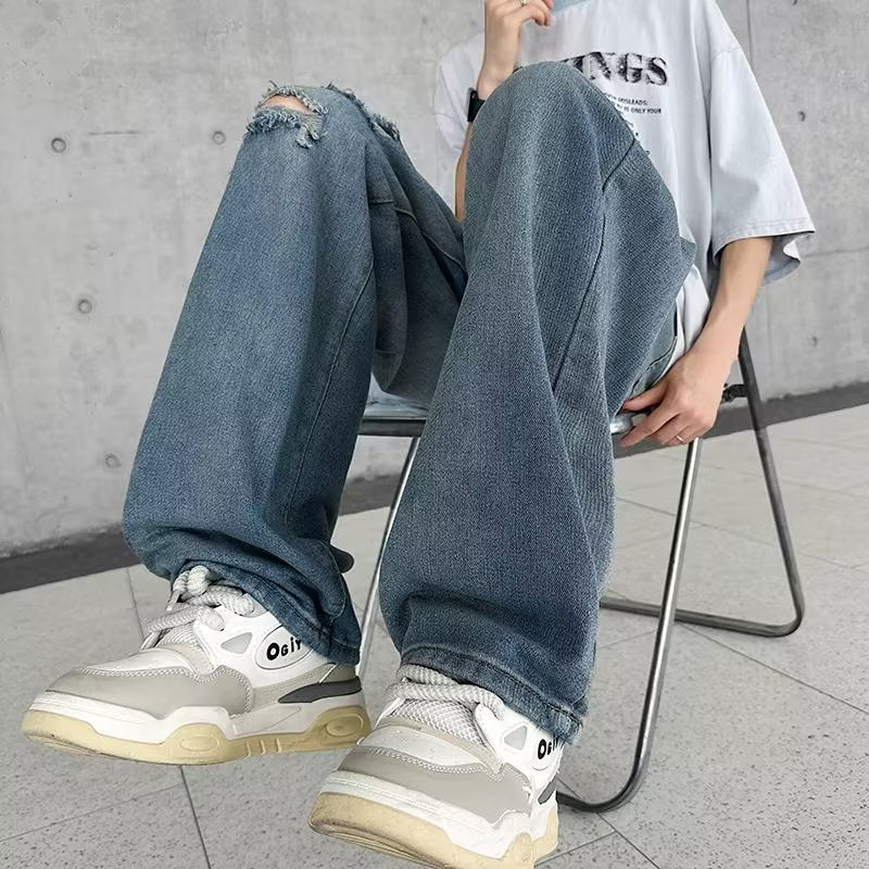 Retro Street Slimming Straight Blue Pants