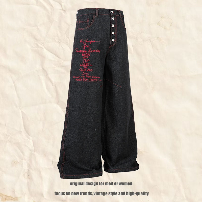 Men's Original Color Letter Embroidery Wide Leg Denim Jeans