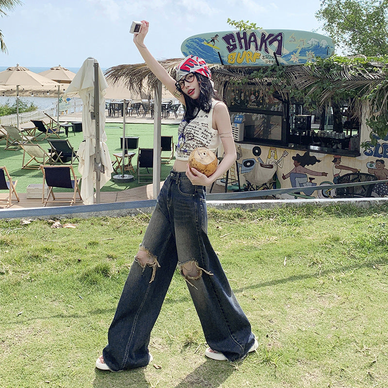 Women's Loose Folded Frayed Floor-Length Wide-Leg Denim Trousers