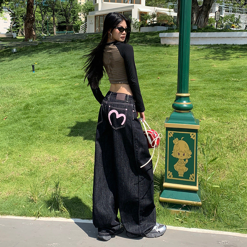 Heart Print Wide Leg Jeans - Women's High Waist Casual Pants
