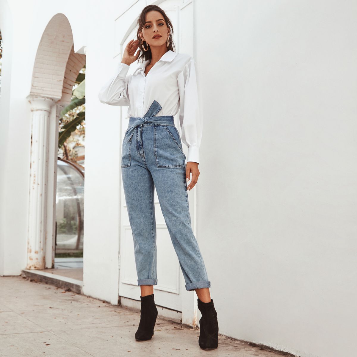 Fashionable High Waist Slimming Straight Leg Denim Pants