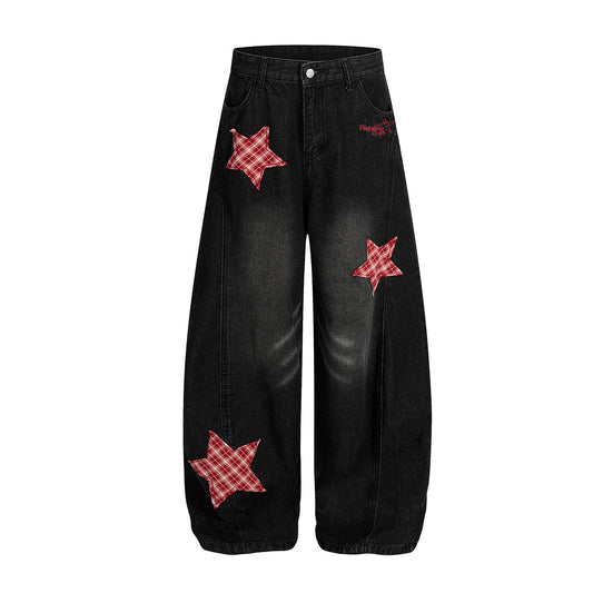 Retro Curved Knife Denim Wide Leg Pants with Star Embroidery