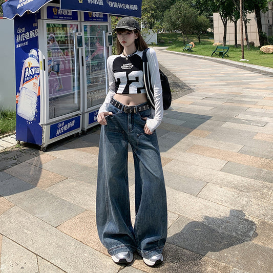 Retro Street Style High-Waist Loose Fit Slimming Versatile Washed Floor-Length Wide-Leg Jeans for Women