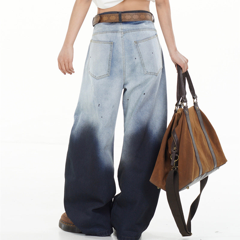 Gradient Splash Ink Wide Leg Jeans for Spring and Summer