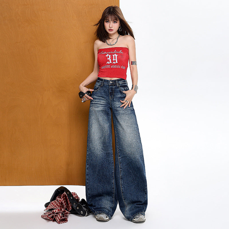 High Street Wrinkled Denim Pants for Women - Loose Drape Wide-Leg Trousers