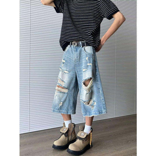 Ripped Denim Seven-Part Washed Distressed Wide Leg Shorts