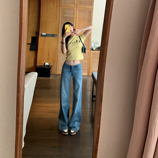 Thin Waist-Free Cool Tencel Low-Waist Flared Pants for Women - Vintage Washed Drape Straight Jeans