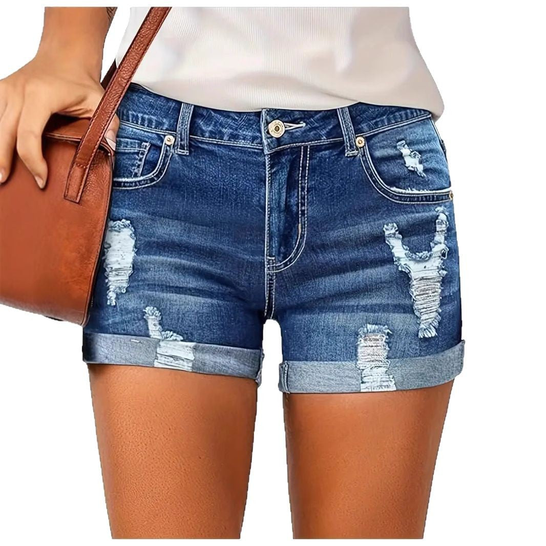 High Waisted Elastic Hole Denim Shorts for Women - Casual Deep Blue