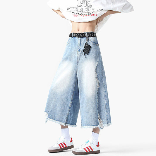 Light Blue Washed Ripped Denim Seven-Inch Loose Pants
