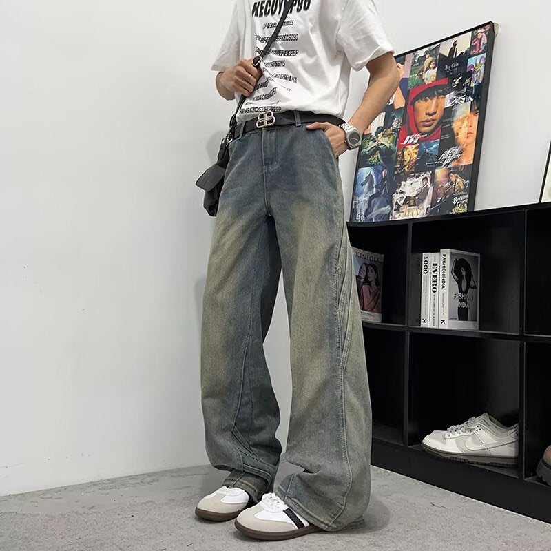 Retro Washed Straight Leg Denim Curved Knife Wide Leg Pants