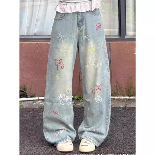 Style Embroidered Straight Leg Jeans for Women - Versatile High Waist Wide Leg Denim