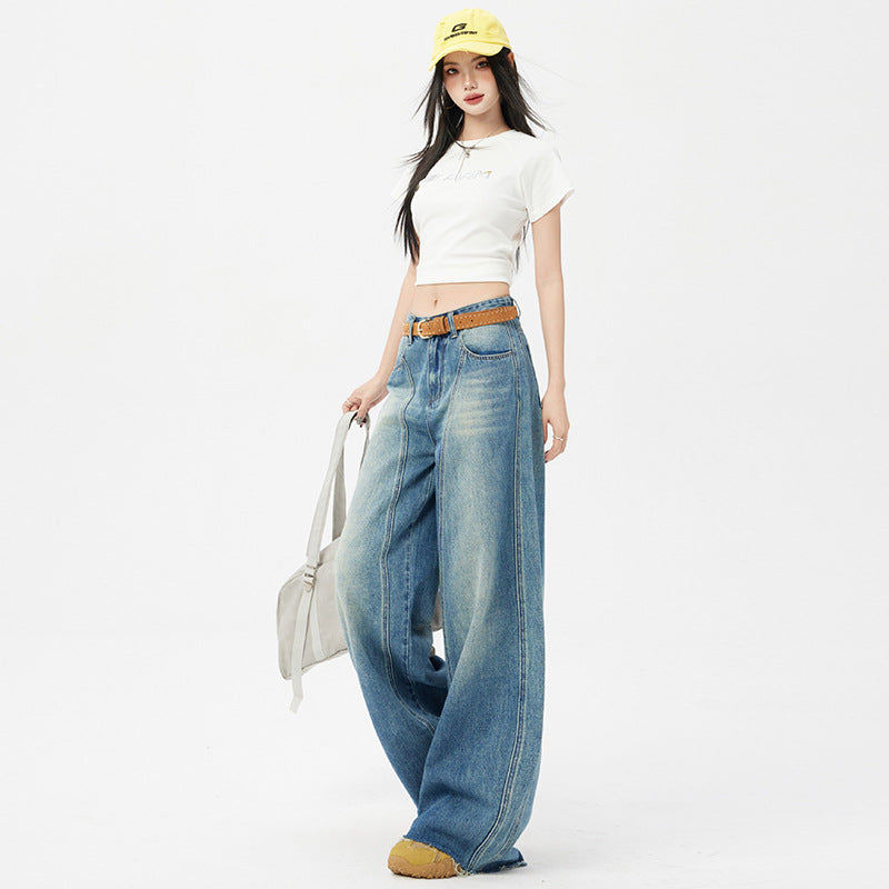 Women's Blue Wide-Leg Scissors Denim Pants - Loose Drape Floor-Length Trousers