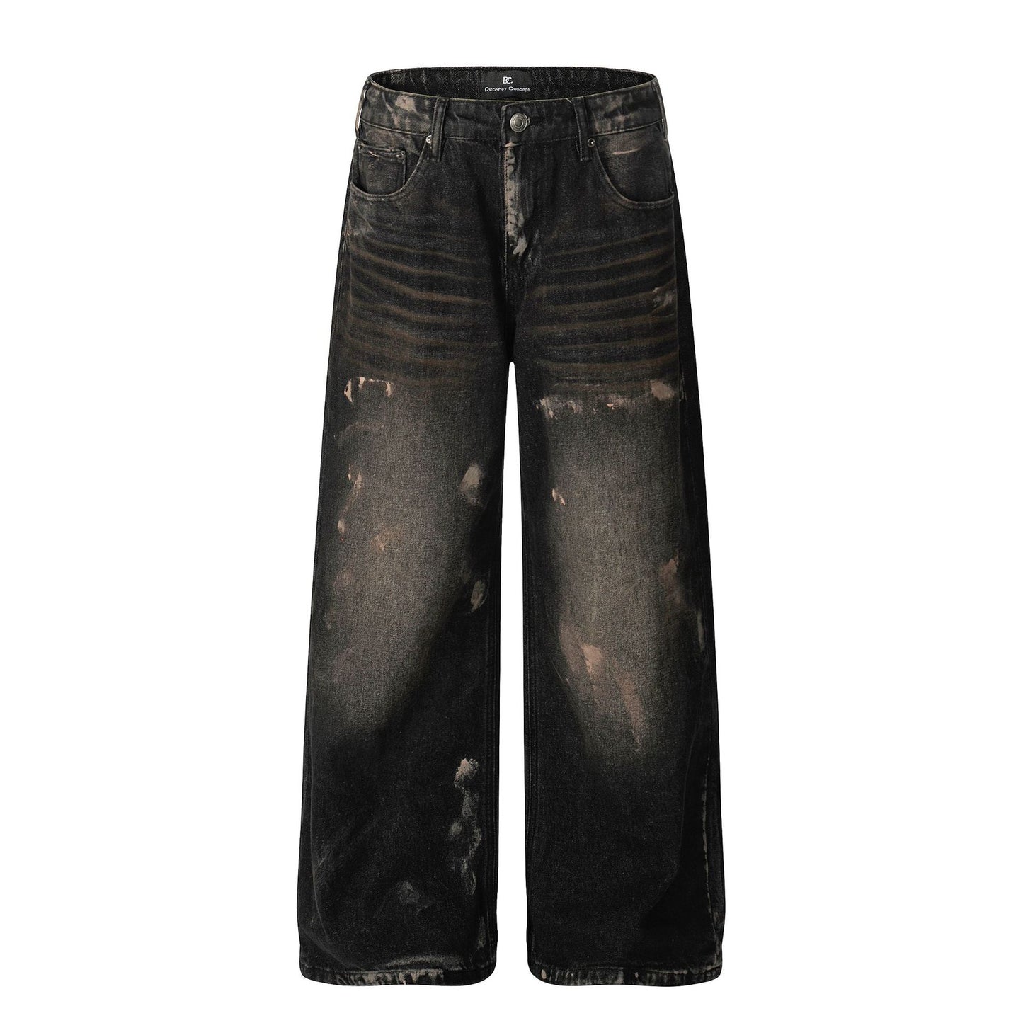 Retro Unisex Trendy Washed Black Splatter Design Men's Loose Wide-Leg Jeans