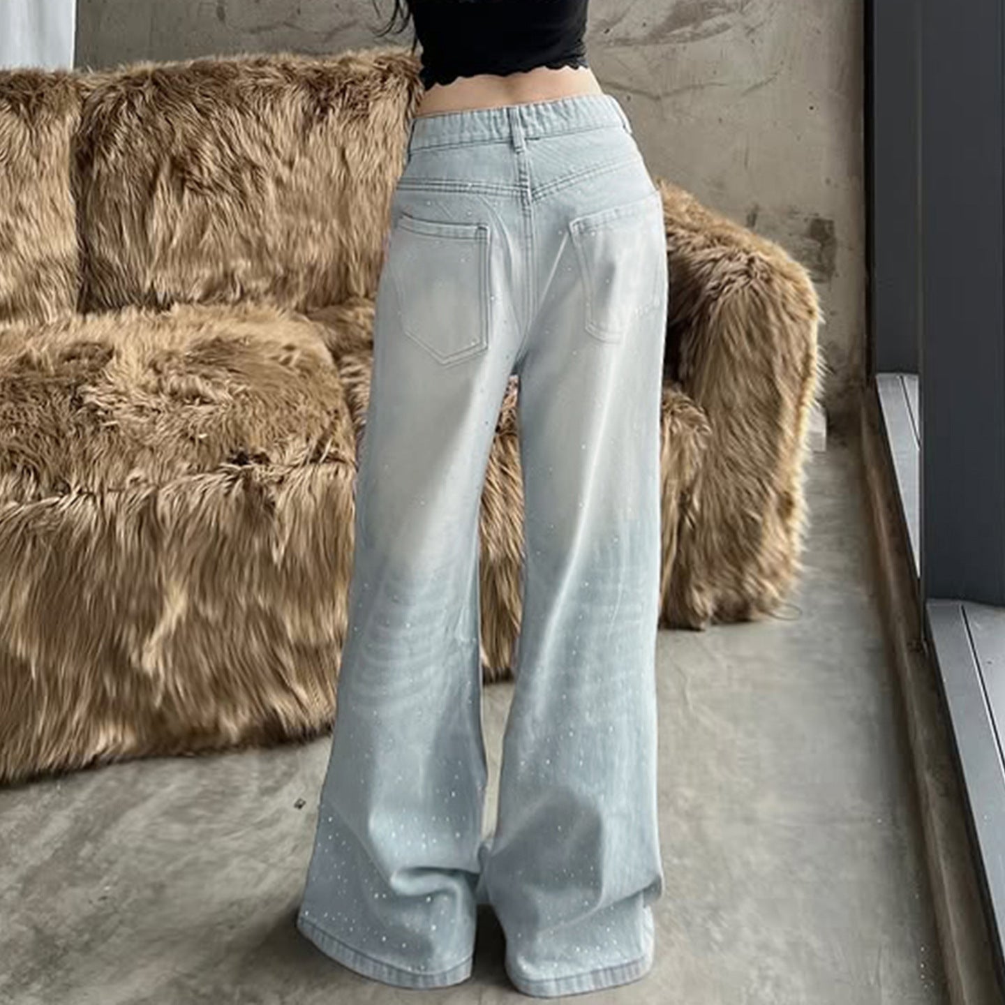 Premium Retro Washed Rhinestone Low Rise Jeans