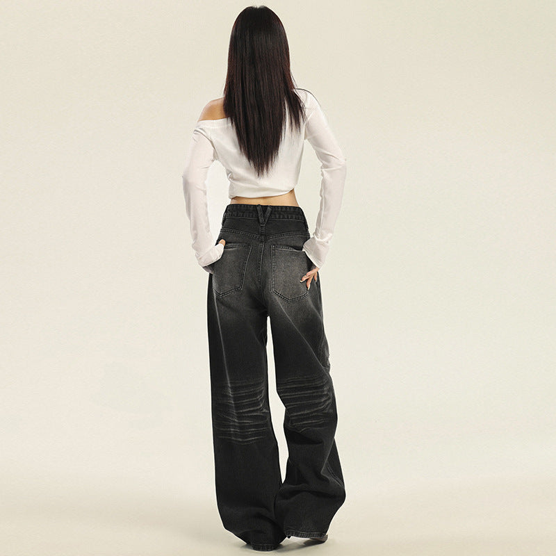Women's Washed Denim Wide Leg Pants - High Waist Loose Floor Length Trousers
