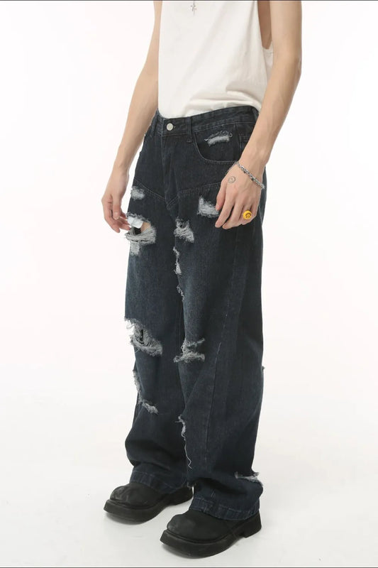 Distressed Wide Leg Pocketed Men's Jeans - Premium Japanese Denim