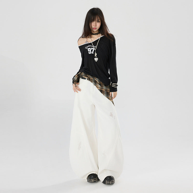 Retro Distressed Slash Jeans for Women - Casual Wide Leg Denim Pants