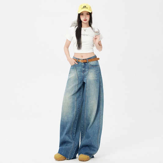 Women's Blue Wide-Leg Scissors Denim Pants - Loose Drape Floor-Length Trousers