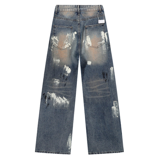 Graffiti Color-Blocking Denim Pants - Men's Loose Straight Leg Trousers