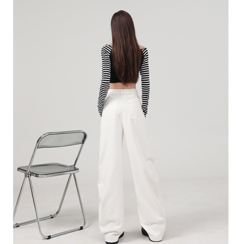 Women's Flared Denim Pants with Pleated Design for Fall Slimming Wide-Leg Trousers