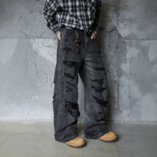 Men's Loose Wide Leg Denim Pants - High Street Post-Apocalyptic Style