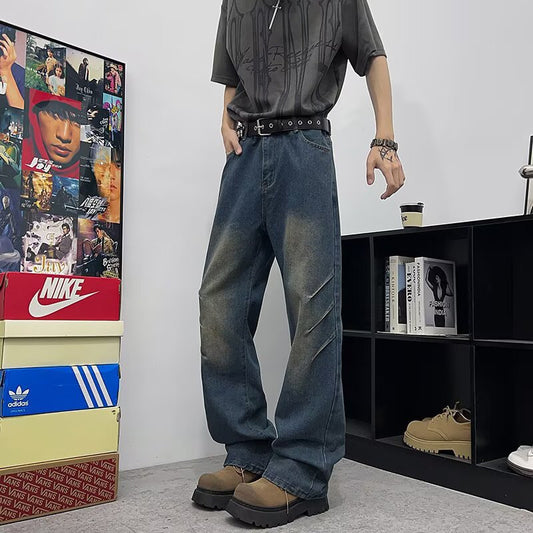 Retro Blue Washed Pleated Gradient Curved Knife Jeans