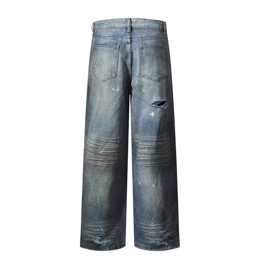 Washed Distressed Splatter Ink Denim Pants - Long Straight Leg Trousers