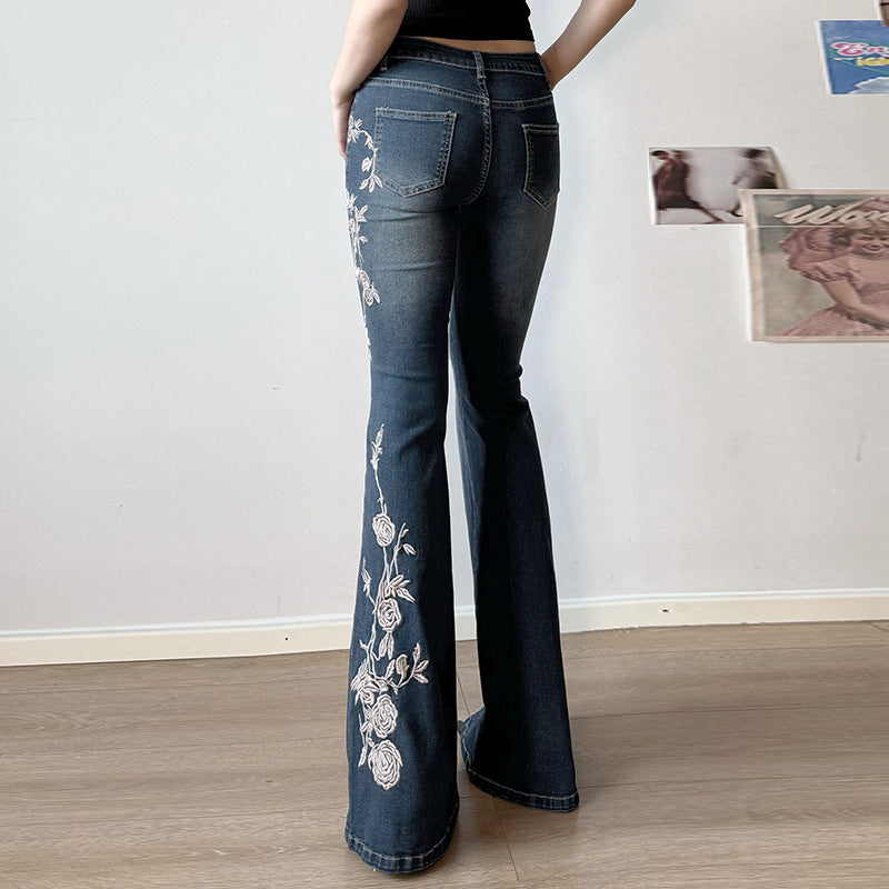 Rose Embroidery Retro Gradient Spicy Jeans