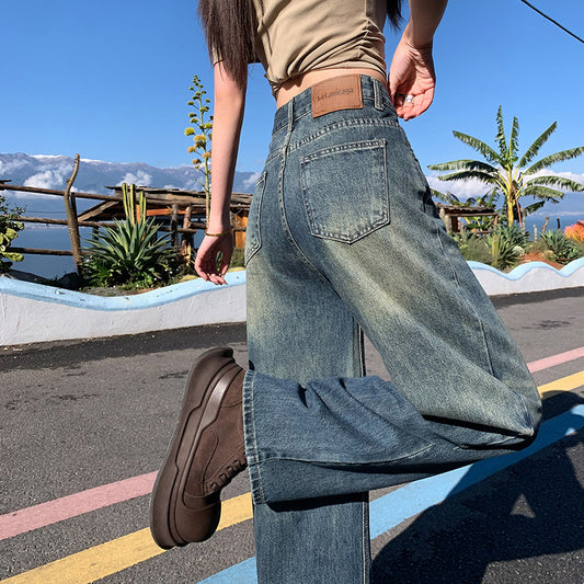Vintage Wide-Leg Jeans for Women - High-Street Loose and Slim Straight Pants