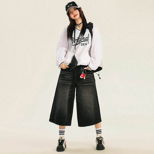 Orange Silk Women's Seven-Quarter Denim Pants - High-Waist Loose High-Street Straight Leg Trousers