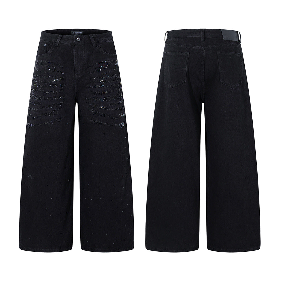 Washed Rhinestone Design Denim Pants with Loose Wide Legs