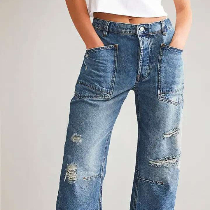 Broken Hole Straight Tube Casual Splicing Loose Jeans for Women