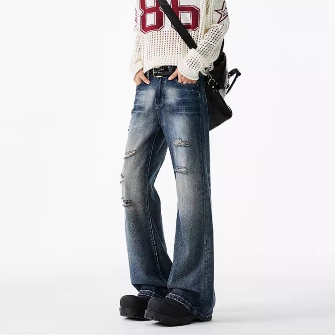 Men's Ripped Denim Loose Straight Leg Wide Leg Pants