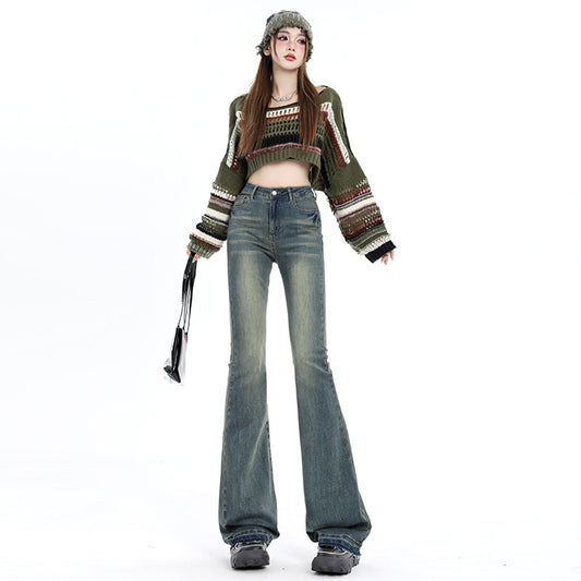 Women's Washed Flared Denim Pants with Vertical Feel Floor-Length Trousers