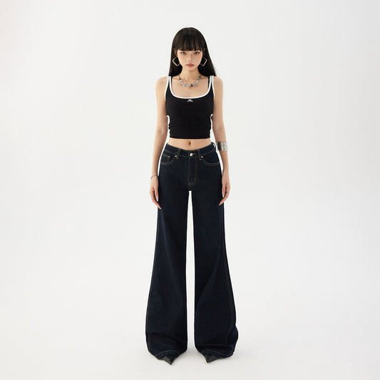 Women's Flared Denim Pants - Deep Blue Slimming Drape Casual Hoof Bell-Bottom Trousers