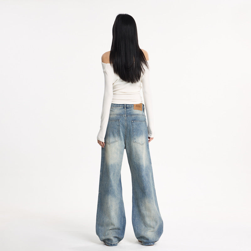 Washed Blue Bamboo Texture Flared Denim Pants - Unisex Commuter Wide Leg