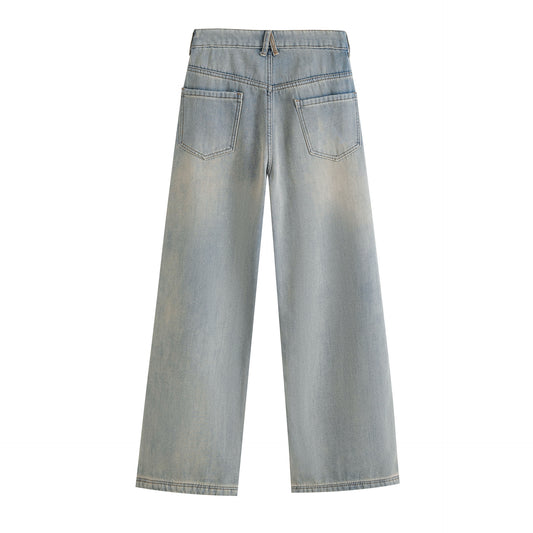 Vintage Washed Light Blue Plush Long Straight Leg Jeans