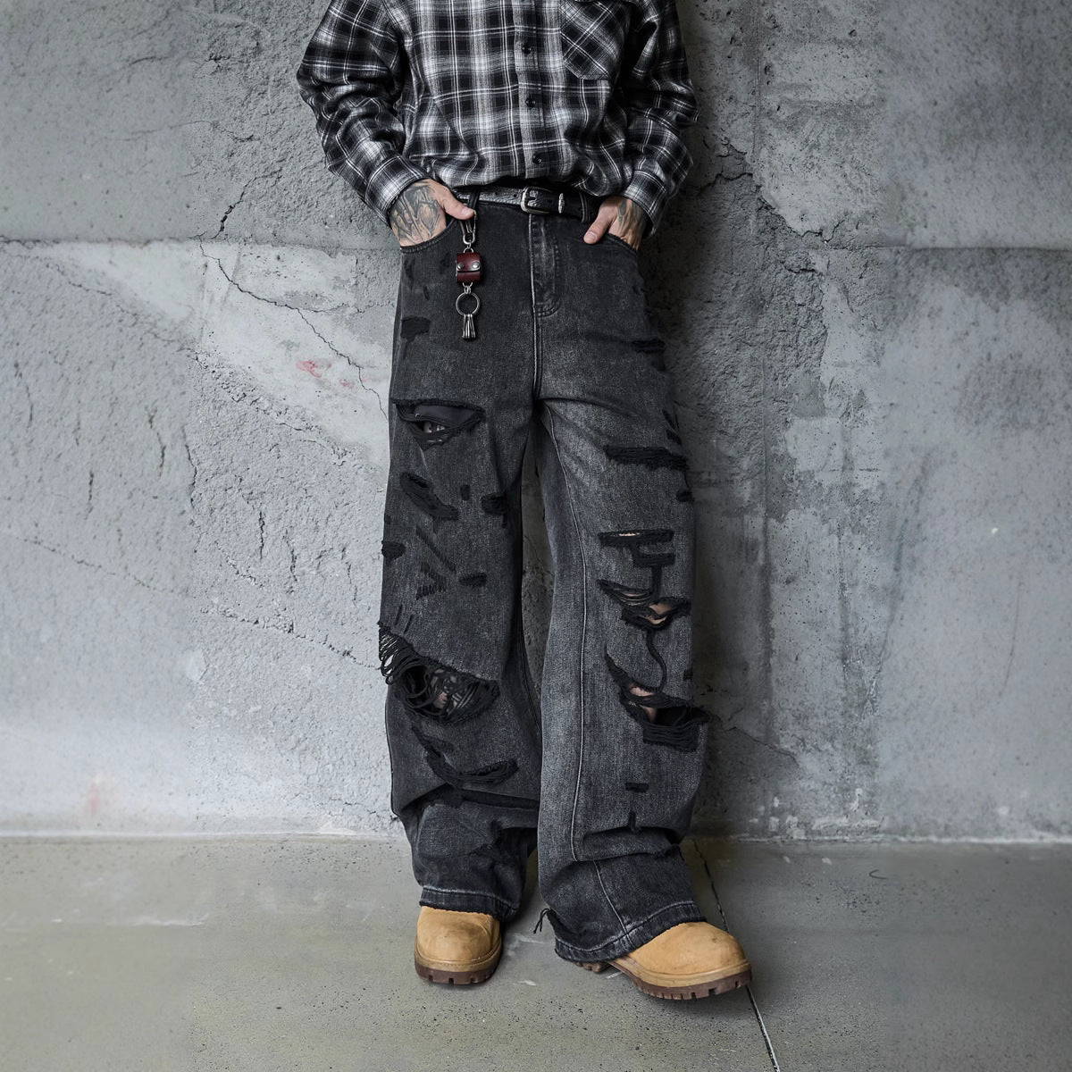 Men's Loose Wide Leg Denim Pants - High Street Post-Apocalyptic Style