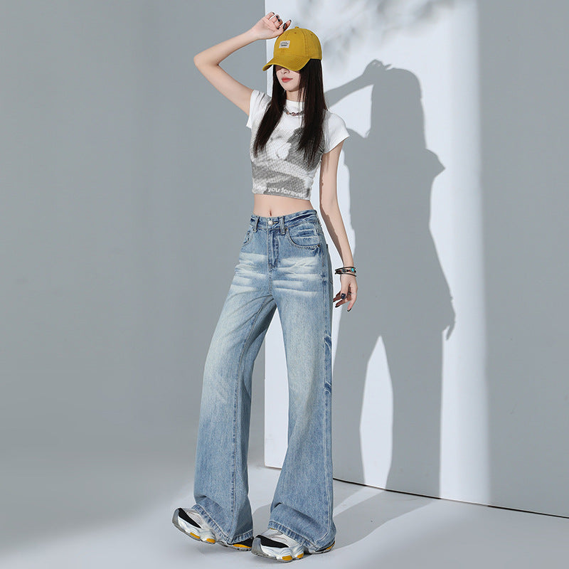 Women's Distressed Wide-Leg Flared Denim Pants - High-Waisted Floor-Length Trousers