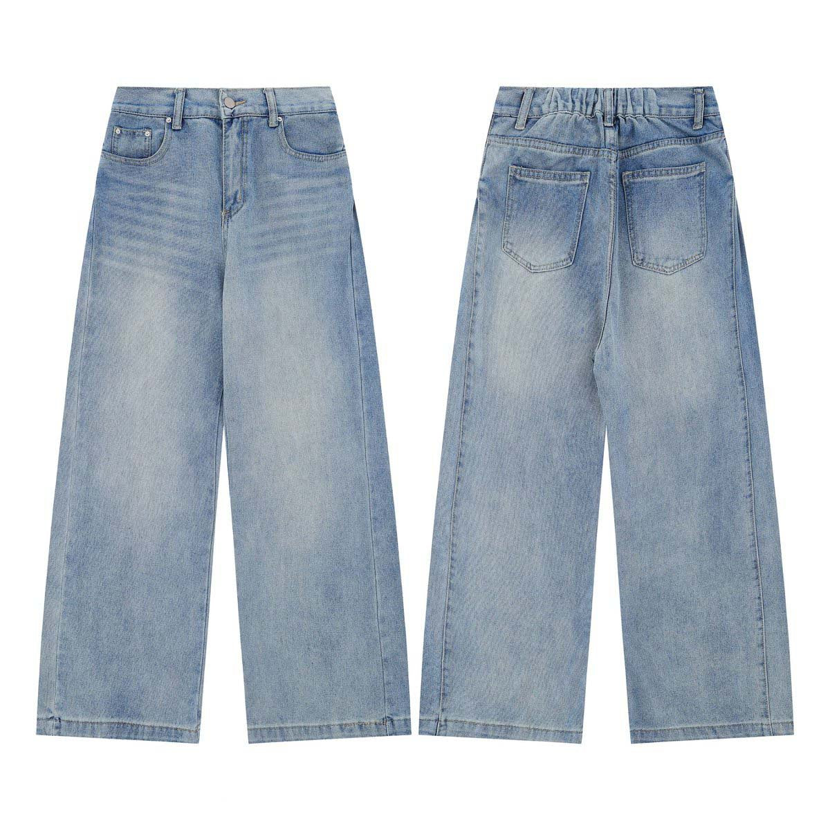 Street Style Washed Vintage Casual Denim Pants - Unisex Loose Wide Leg Straight Trousers