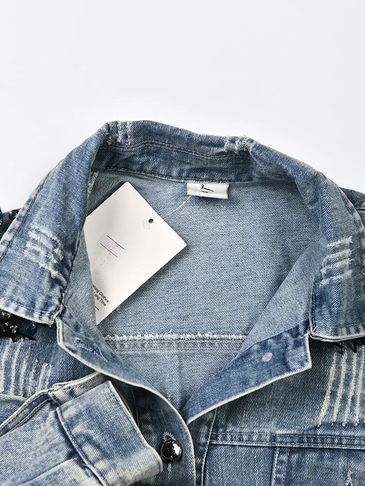 Long Sleeve Colorful Rivet Denim Jacket - Vintage Autumn Outwear