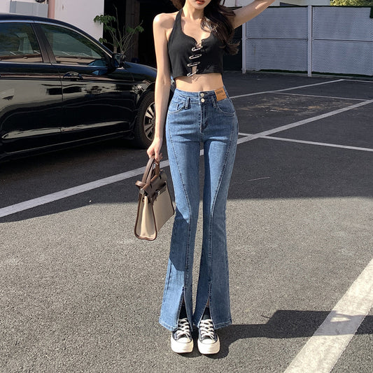 High Waist Straight Leg Tapered Double Buckle Flare Jeans