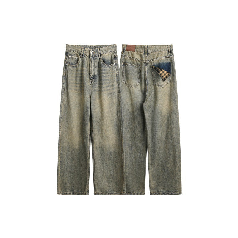 Japanese Retro Loose Straight Leg Denim Pants in Rust Yellow